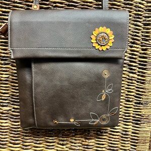 Chala-Brown Crossbody Bag with Floral Embroidery, 9”x10”, Clean inside,back fade